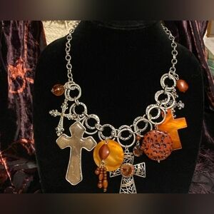 Rustic Brown & Orange Large Cross Beaded Dangle  Necklace BOGO
